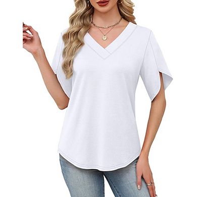 Women V Neck Split Short Sleeve Curved Hem Loose Casual Basic T-Shirt