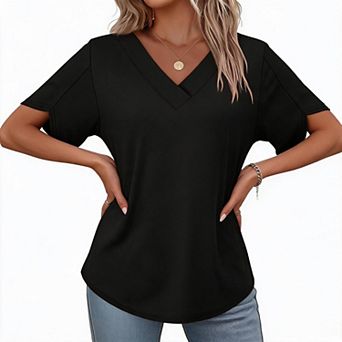 Women V Neck Split Short Sleeve Curved Hem Loose Casual Basic T-Shirt