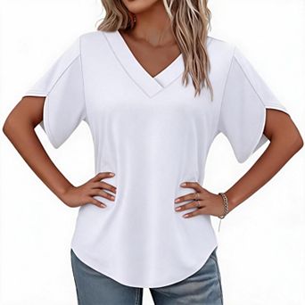 Women V Neck Split Short Sleeve Curved Hem Loose Casual Basic T-Shirt