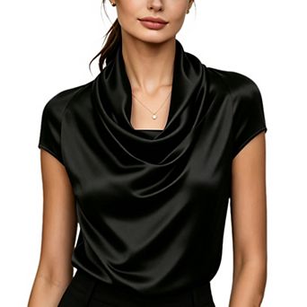 Women's Cowl Neck Short Sleeve Satin Shirts Business Casual Fitted Tops Summer Blouses