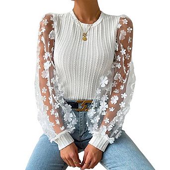 Womens Mesh Long Sleeve Chiffon Blouses Casual Crew Neck Fitted Tshirts Fall Going out Tops