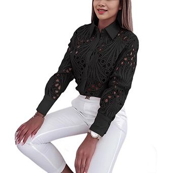 Women's Casual Lace Blouse Long Sleeve Button Down Shirts Tops Dressy Summer Fall Shirts