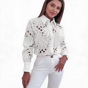 Women's Casual Lace Blouse Long Sleeve Button Down Shirts Tops Dressy Summer Fall Shirts
