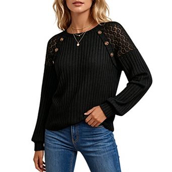 Womens Lace Patchwork Long Sleeve Tunic Tops Casual Crew Neck Dressy Button Shirt Blouses