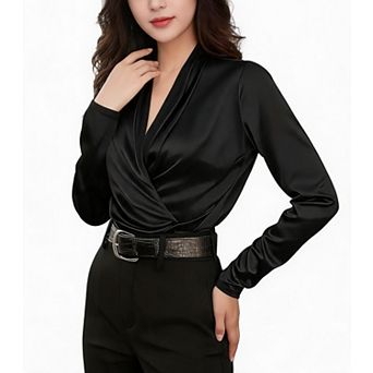 Women's Satin Wrap V Neck Blouses Business Casual Long Sleeve Shirts Office Work Tops