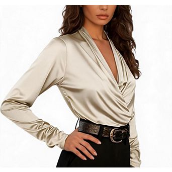 Women's Satin Wrap V Neck Blouses Business Casual Long Sleeve Shirts Office Work Tops