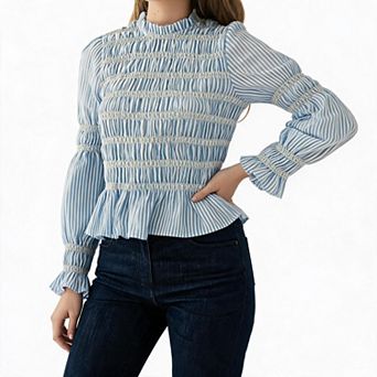 Womens Smocked Peplum Blouse Top Casual Long Sleeve Ruffle Shirred Shirts Fall Going Out Outfits