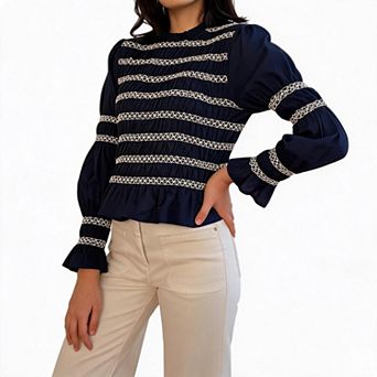 Womens Smocked Peplum Blouse Top Casual Long Sleeve Ruffle Shirred Shirts Fall Going Out Outfits