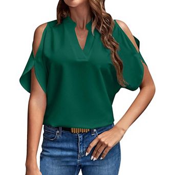 Women's Cold Shoulder Blouse V-Neck Batwing Short Sleeve Loose Fit Casual Top