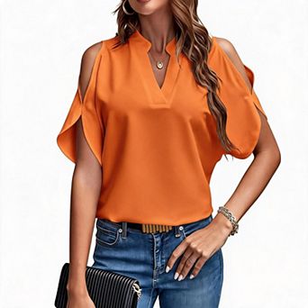 Women's Cold Shoulder Blouse V-Neck Batwing Short Sleeve Loose Fit Casual Top