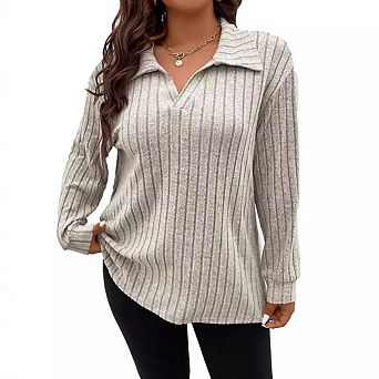 Women Plus Size Casual Knit Sweater Lapel v Neck Solid Color Tops Lightweight Long Sleeve Blouses