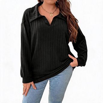 Women Plus Size Casual Knit Sweater Lapel v Neck Solid Color Tops Lightweight Long Sleeve Blouses