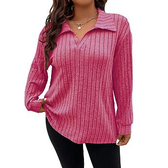 Women Plus Size Casual Knit Sweater Lapel v Neck Solid Color Tops Lightweight Long Sleeve Blouses
