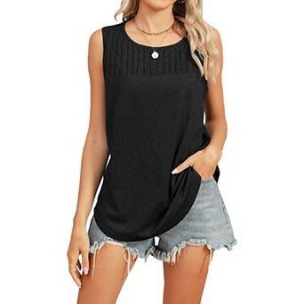 Women's Pleated Yoke Tank Top Crew Neck Sleeveless Loose Fit Casual Summer Top