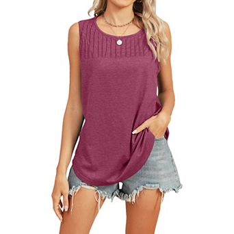 Women's Pleated Yoke Tank Top Crew Neck Sleeveless Loose Fit Casual Summer Top