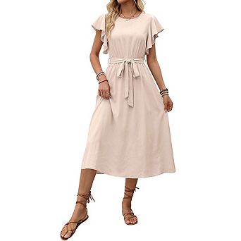 Womens Summer Casual Midi Dress Crew Neck Ruffle Cap Sleeve Belted A-Line Sun Dress