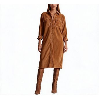 Women's Corduroy Button Down Shirt Dress Fall Casual Lapel Long Sleeve A-Line Tunic Shift Midi Dress