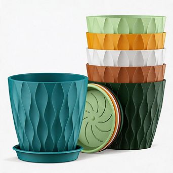 6 Pack 4 Inch Colorful Waffle Texture Planters, With Drainage Holes & Saucers