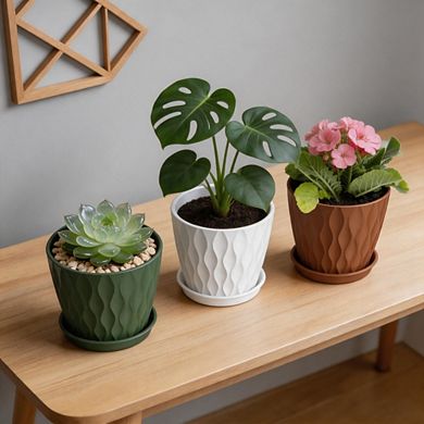 6 Pack 4 Inch Colorful Waffle Texture Planters, With Drainage Holes & Saucers