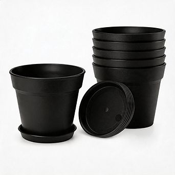 6 Pack 4 Inch Black Nursery Pots, Drainage Holes & Trays for Indoor Plants