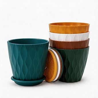 5 Pack 6 Inch Multicolor Planters, Pots With Drainage Holes & Saucers