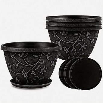 4 Pack 8 Inch Gray Resin Planters, With Drainage Holes and Saucers