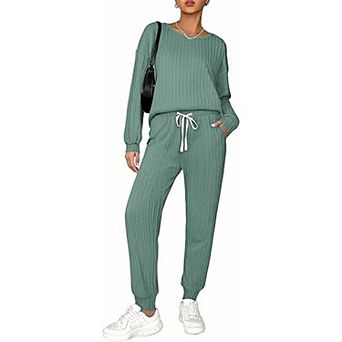 Ekouaer Pajamas Cozy Sleepwear Long Sleeve Pullover Top Long Pants Jogger Loungewear Set