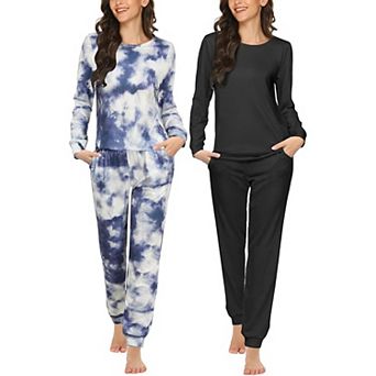 Ekouaer Two Pack Womens Pajama Set Long Sleeve Top with Jogger Pants Sleepwear Loungewear