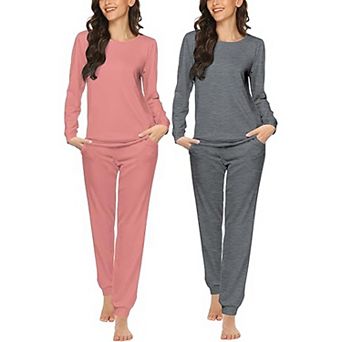 Ekouaer Two Pack Womens Pajama Set Long Sleeve Top with Jogger Pants Sleepwear Loungewear