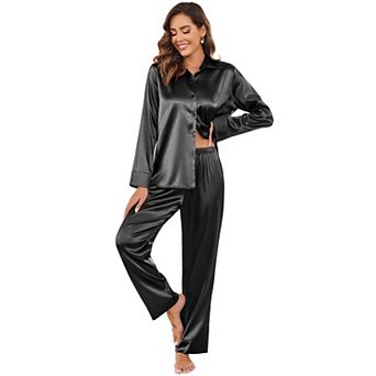 Ekouaer Womens Satin Silk Pajamas Classic Long Sleeve Button Down Pajamas Set Soft Loungewear
