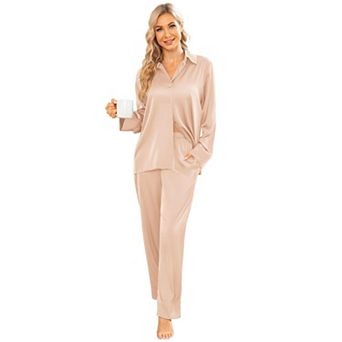 Ekouaer Womens Satin Silk Pajamas Classic Long Sleeve Button Down Pajamas Set Soft Loungewear
