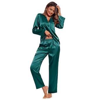 Ekouaer Silk Pajamas Two Piece Set Satin Pajamas Long Sleeve Button Up Sleepwear Comfy Lounge sets