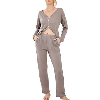 Ekouaer Womens Waffle Knit Pajamas Long Sleeve Lounge Set Button Up Pajamas Loungewear with Pockets