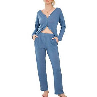Ekouaer Womens Waffle Knit Pajamas Long Sleeve Lounge Set Button Up Pajamas Loungewear with Pockets