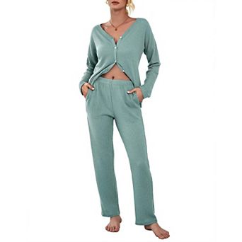 Ekouaer Womens Waffle Knit Pajamas Long Sleeve Lounge Set Button Up Pajamas Loungewear with Pockets