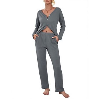 Ekouaer Womens Waffle Knit Pajamas Long Sleeve Lounge Set Button Up Pajamas Loungewear with Pockets