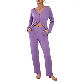 Ekouaer Womens Waffle Knit Pajamas Long Sleeve Lounge Set Button Up Pajamas Loungewear with Pockets
