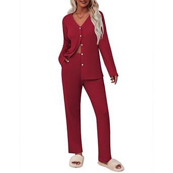 Ekouaer Womens Waffle Knit Pajamas Long Sleeve Lounge Set Button Up Pajamas Loungewear with Pockets