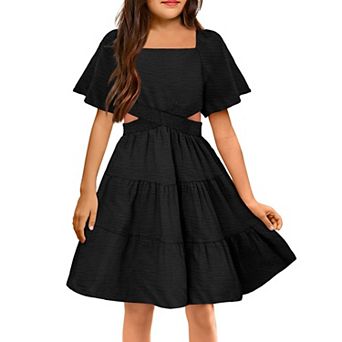 Arshiner Girls Dresses Square Neck Cut Out Shirred Ruffle Hem Easter Cute Spring Dress
