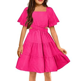 Arshiner Girls Dresses Square Neck Cut Out Shirred Ruffle Hem Easter Cute Spring Dress