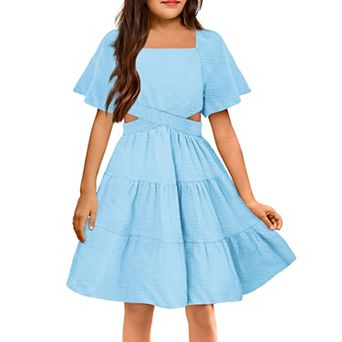 Arshiner Girls Dresses Square Neck Cut Out Shirred Ruffle Hem Easter Cute Spring Dress
