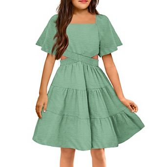 Arshiner Girls Dresses Square Neck Cut Out Shirred Ruffle Hem Easter Cute Spring Dress