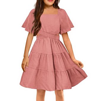 Arshiner Girls Dresses Square Neck Cut Out Shirred Ruffle Hem Easter Cute Spring Dress
