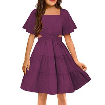 Arshiner Girls Dresses Square Neck Cut Out Shirred Ruffle Hem Easter Cute Spring Dress