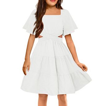Arshiner Girls Dresses Square Neck Cut Out Shirred Ruffle Hem Easter Cute Spring Dress