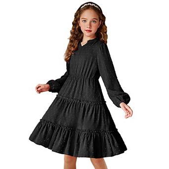Arshiner Girls' Dresses V neck Long Sleeve Chiffon Swiss Dot Ruffle Tiered Boho Party Midi Dress