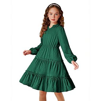 Arshiner Girls' Dresses V neck Long Sleeve Chiffon Swiss Dot Ruffle Tiered Boho Party Midi Dress