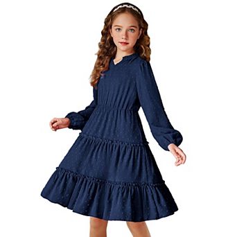 Arshiner Girls' Dresses V neck Long Sleeve Chiffon Swiss Dot Ruffle Tiered Boho Party Midi Dress