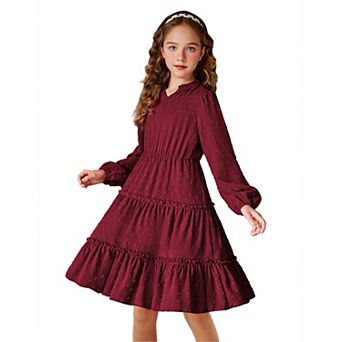 Arshiner Girls' Dresses V neck Long Sleeve Chiffon Swiss Dot Ruffle Tiered Boho Party Midi Dress