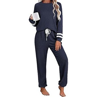 Ekouaer Lounge Sets Ribbed Knit Outfits Pajamas Sets Two Piece Long Sleeve Sweatsuits with Pockets
